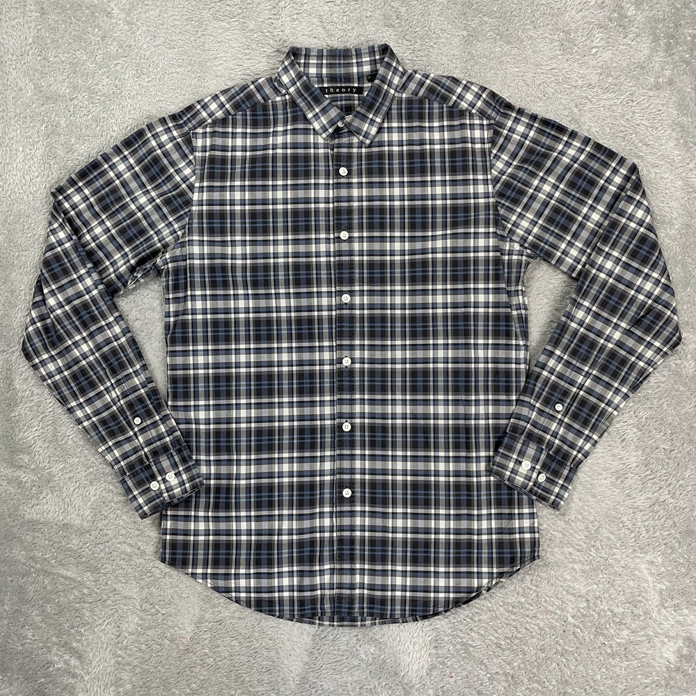 Theory Shirt Mens Small Blue Plaid Cotton Long Sleeve Button Front Slim Fit